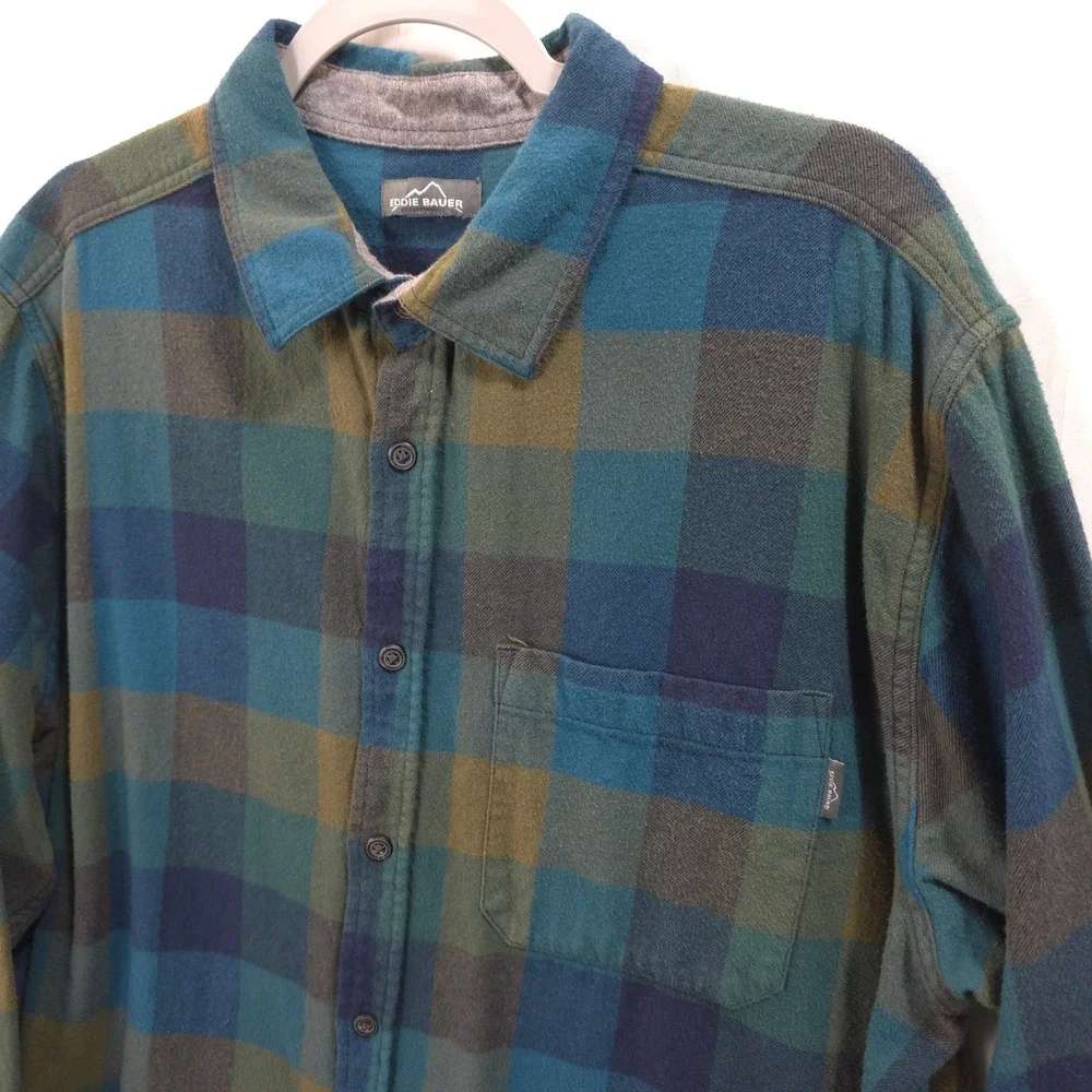 Eddie Bauer Flannel Shirt Buffalo Plaid Blue Green Men XXL Gorpcore Outdoorsy